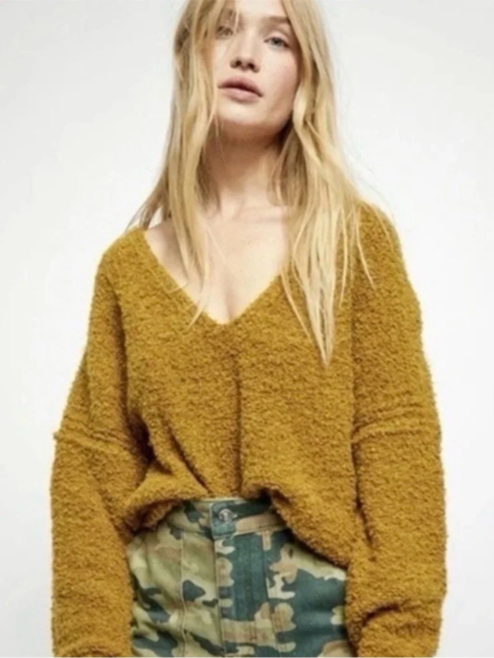 Free People Finders Keepers Bouclé V-Neck Sweater in Athena moss green